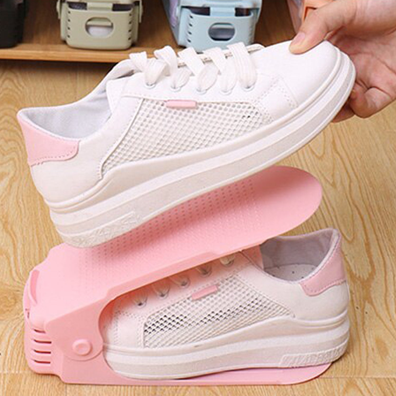 Adjustable folding shoe slots organizer for space-saving. Adjustable folding shoe slots organizer for space-saving.